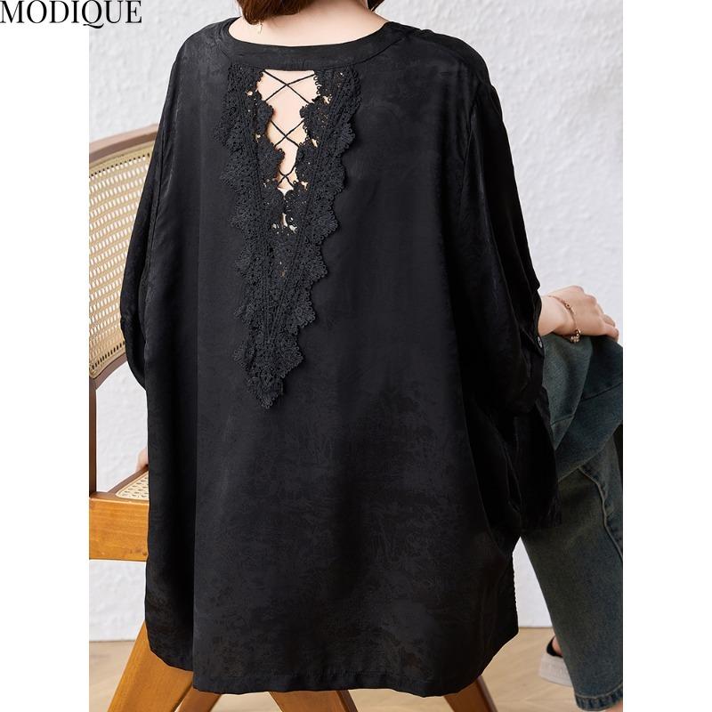 MODIQUE Spring Summer Plus Size New Women Black Loose Vintage Solid Blouse Shirts Female Casual Oversize Short Sleeve O-Neck Top