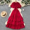 French V-neck red polka dot temperament dress women's summer waist and thin A-shaped cake dress dopamine style