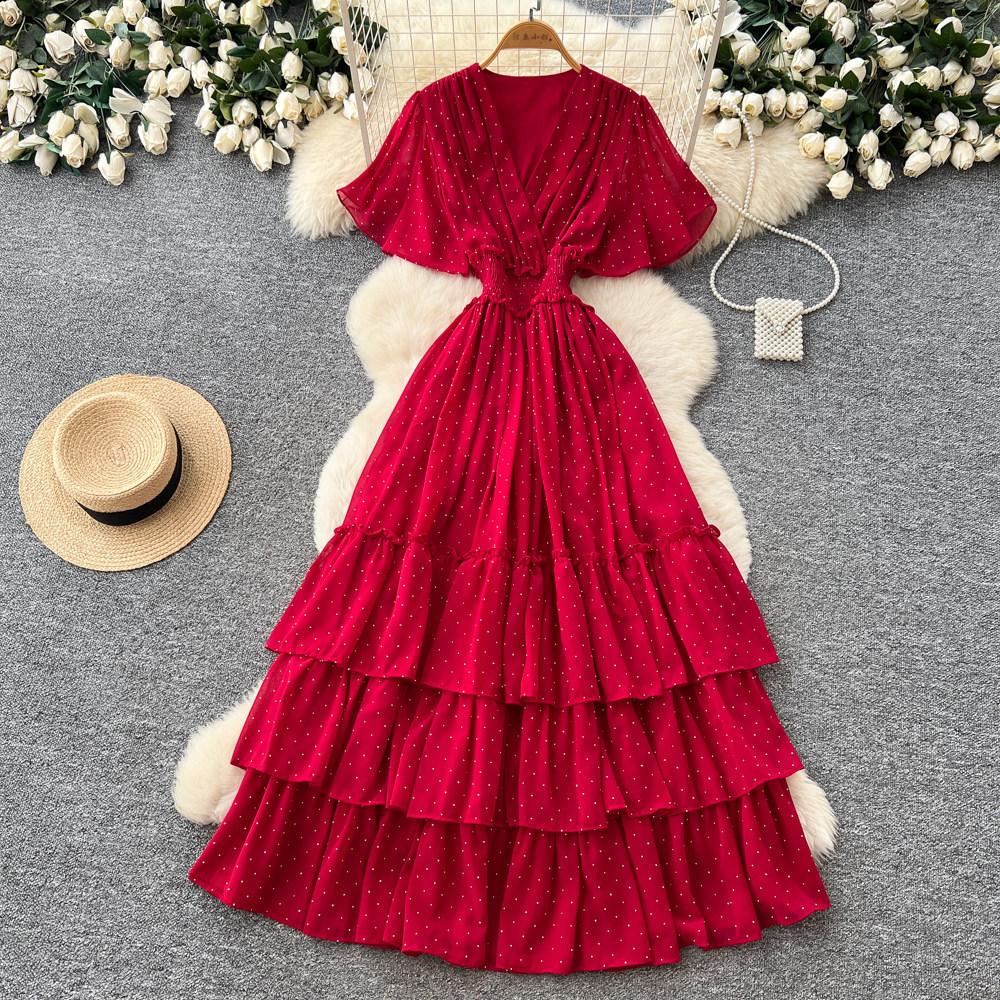 French V-neck red polka dot temperament dress women's summer waist and thin A-shaped cake dress dopamine style