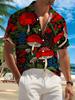 New Men's Casual Short-Sleeve Shirt with Crimson Amanita Mushrooms, Interspersed with Teal and Blue Flowers and Plants, Featuring a Dark Base for a