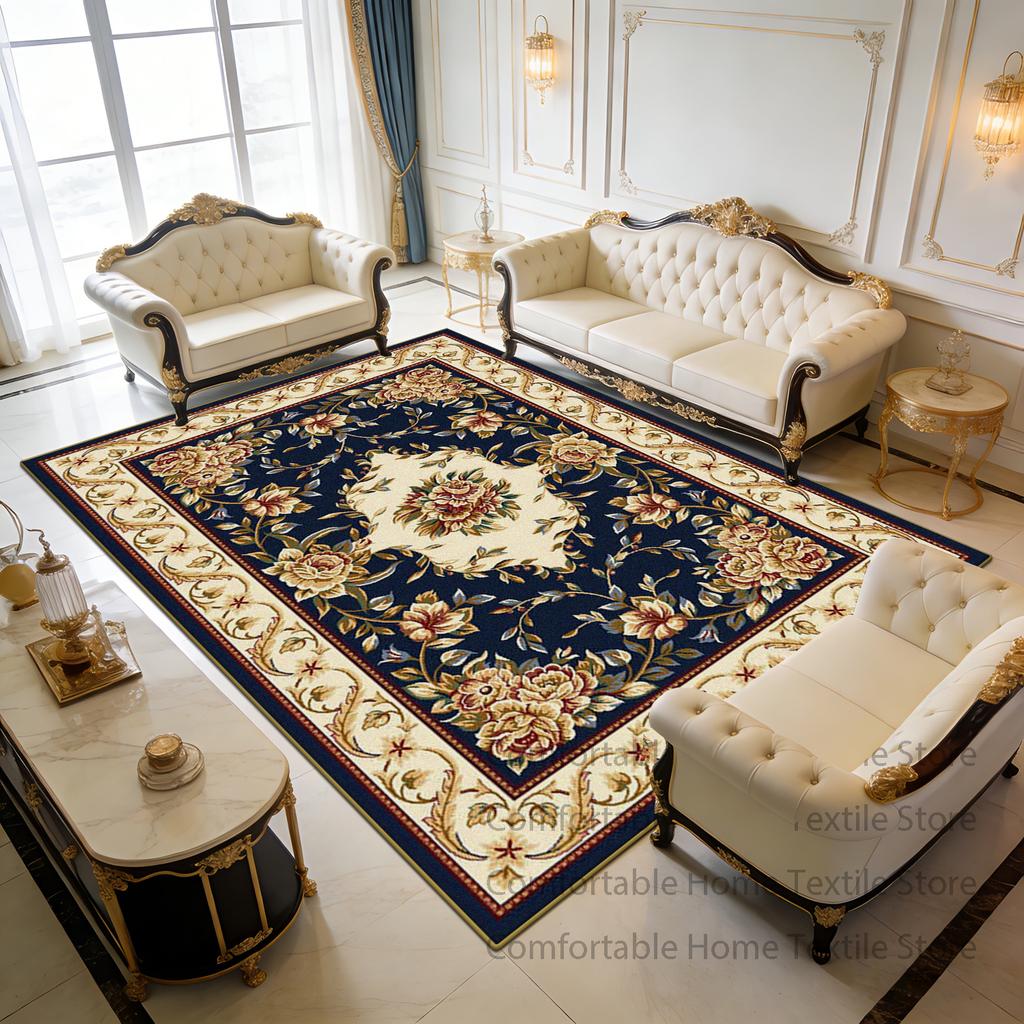 Alfombra de Sala de Estar con Flores Europeas de Lujo Área Grande Antideslizante Alfombras Suaves Decoración Dormitorio Fácil de Limpiar Felpa Corta Felpudo de Suelo