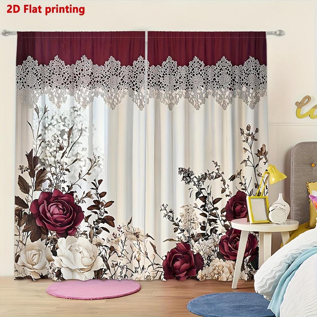 Set da 2 Pezzi di Tende Stile Vittoriano con Stampa Floreale di Rose Vintage, Con Tasca per Asta