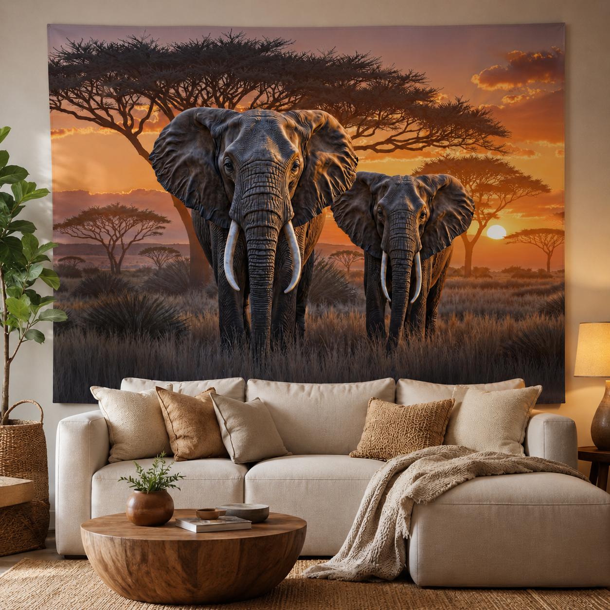 Afrikanischer Elefant Wandteppich Polyester Wildtier Savannenlandschaft Wandbehang Ästhetische Raumdekoration Stoffteppiche 150X180CM
