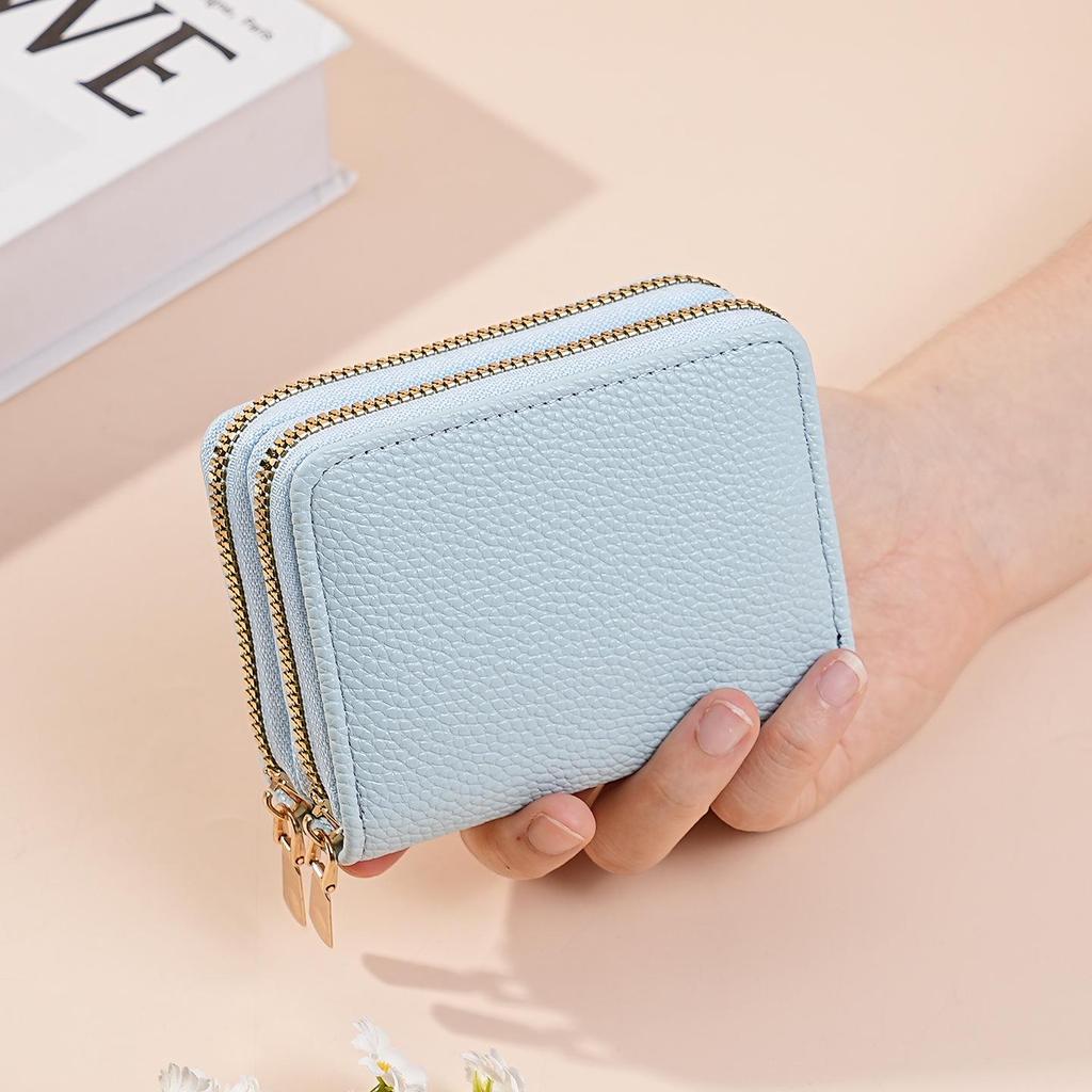 TEMU Women's Double Zipper Coin Purse - Large Capacity, Solid Color Lychee Pattern