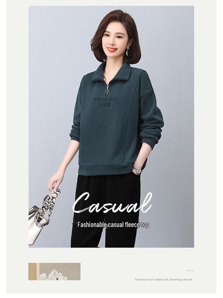Women's High Neck Fleece Sweatshirt, Turn-Down Collar, 2024 Autumn/Winter, Petite, Thick Zip-Up Top for Moms