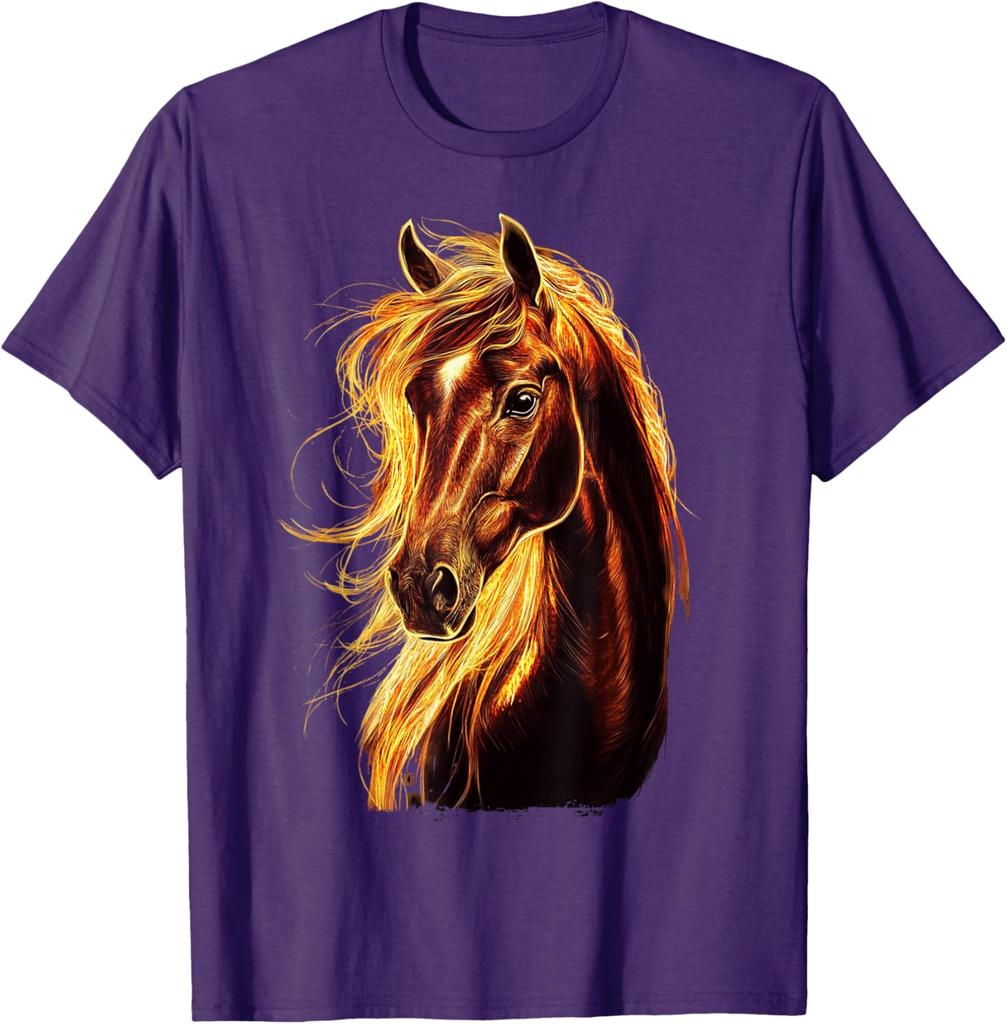 Feuriges Pferdekopf Grafik-T-Shirt Atmungsaktives Baumwoll-Kurzarm-T-Shirt für Reitsport-Liebhaber