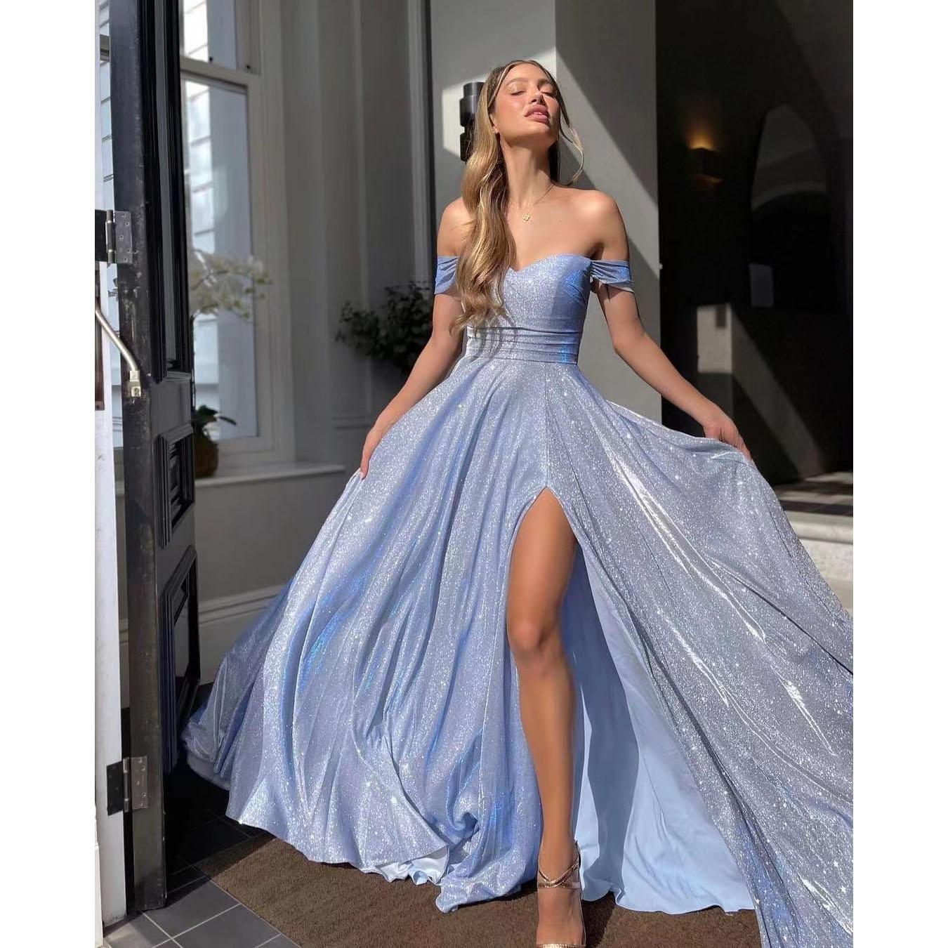 

Вечернее платье с блестками А-силуэта без бретелек сексуальное модное однотонное платье с разрезом длинное однотонное платье женская одежда M светло-синий