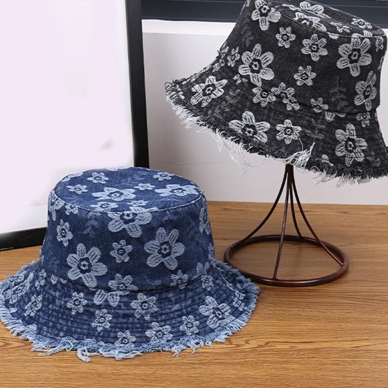 Stylish Distressed Trim Flower Print Fisherman Hat Breathable Bucket Hat for Spring Autumn Daily Outfit Fashion Headwear