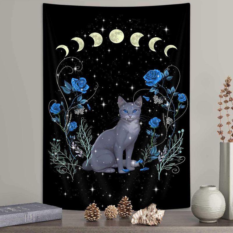 Mystic Tarot Cat Moon Tapestry, Boho Celestial Flower Wall Hanging, Living Room Bedroom Decor
