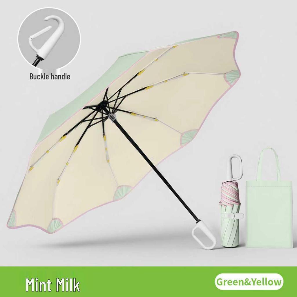 8-Rib Manual Buckle Safety Umbrella with Pink Edges, UV Protection, 3-Fold, for Female Students