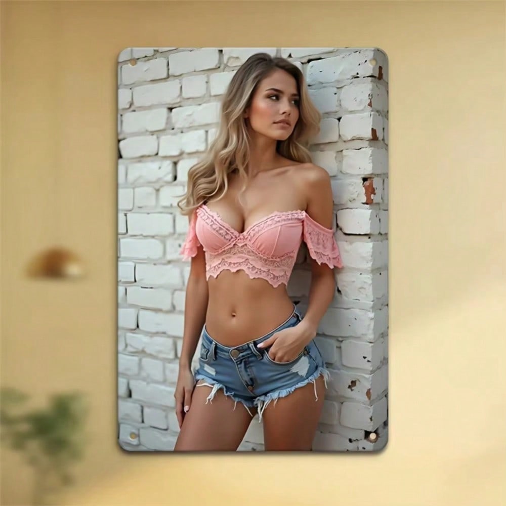 

PinUp Girl Metal Wall Sign Vintage Retro Art 8x12 Inches Pink OffTheShoulder Home Bar Restaurant Decor 20x30cm