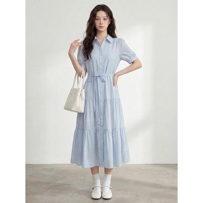 Plus-Size Women's Clothing for Fat Girls, Korean Style Simple Style Lapel Tie Waist Dress 2026 Summer Elegant Slimming Long Dress
