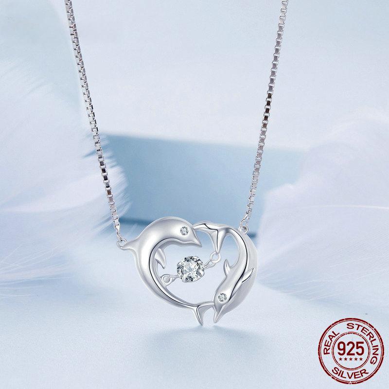 S925 Sterling Silver Connected Double Dolphins Necklace Shiny Zircon Love Neck Chain for Women Fine Jewelry