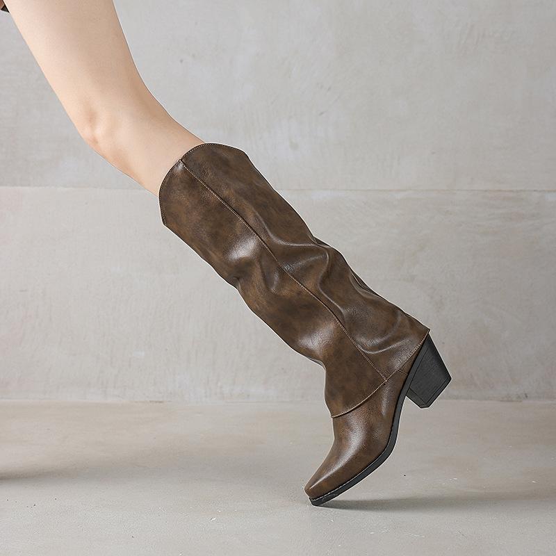 Fashion IPPEUM Cowboy Boots Knee High For Women Block Heel Plus Size 34-46 PU Leather Western Cowgirl Shoes