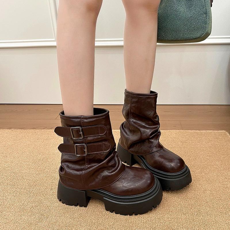 Winter Platform Thick Sole Woman Ankle Boots Design Belt Buckle Slip On Shoes Punk Style Leather Knight Short Bottes Femmes