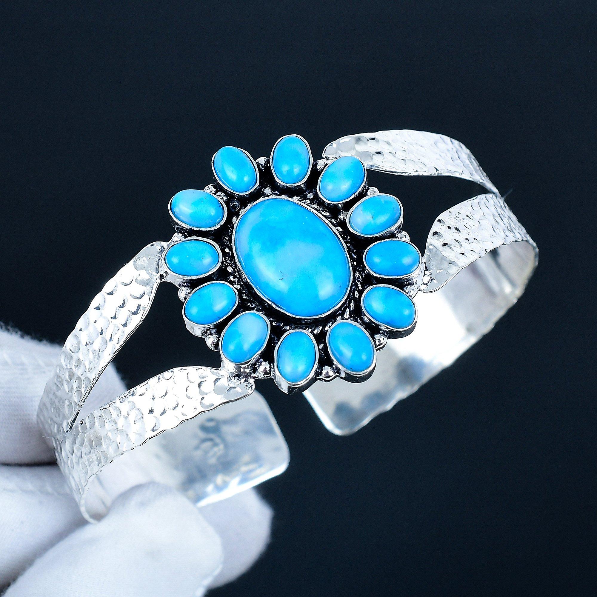 

Натуральный бирюзовый драгоценный камень, браслет-манжета ручной работы из стерлингового серебра 925 пробы, браслет в форме цветка с бирюзой для жены, унисекс браслет, подарок для нее 7 синий