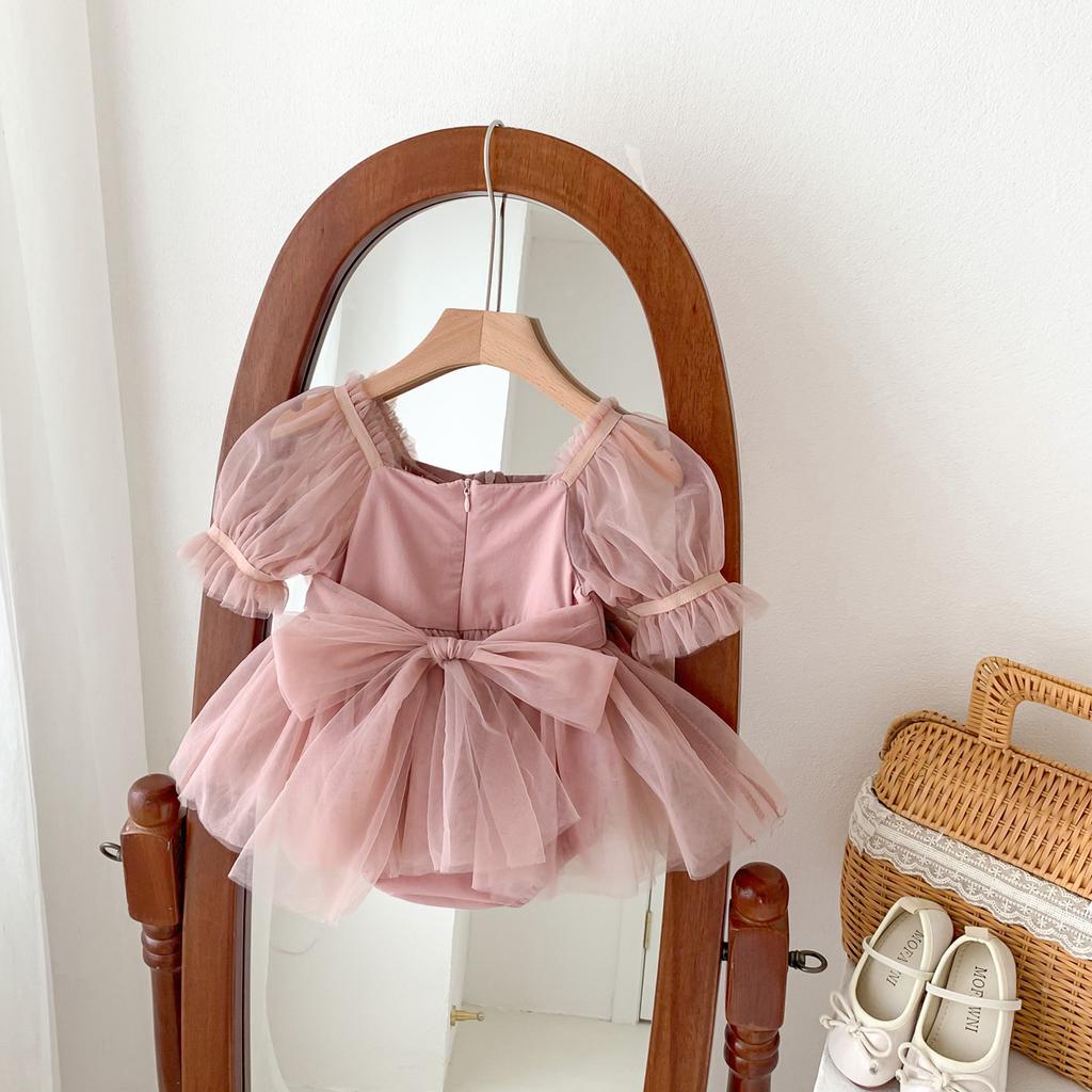 Princess Puff Sleeve Tulle Baby Romper Dress, Sweet Mesh Tutu One Piece Infant Birthday Outfit