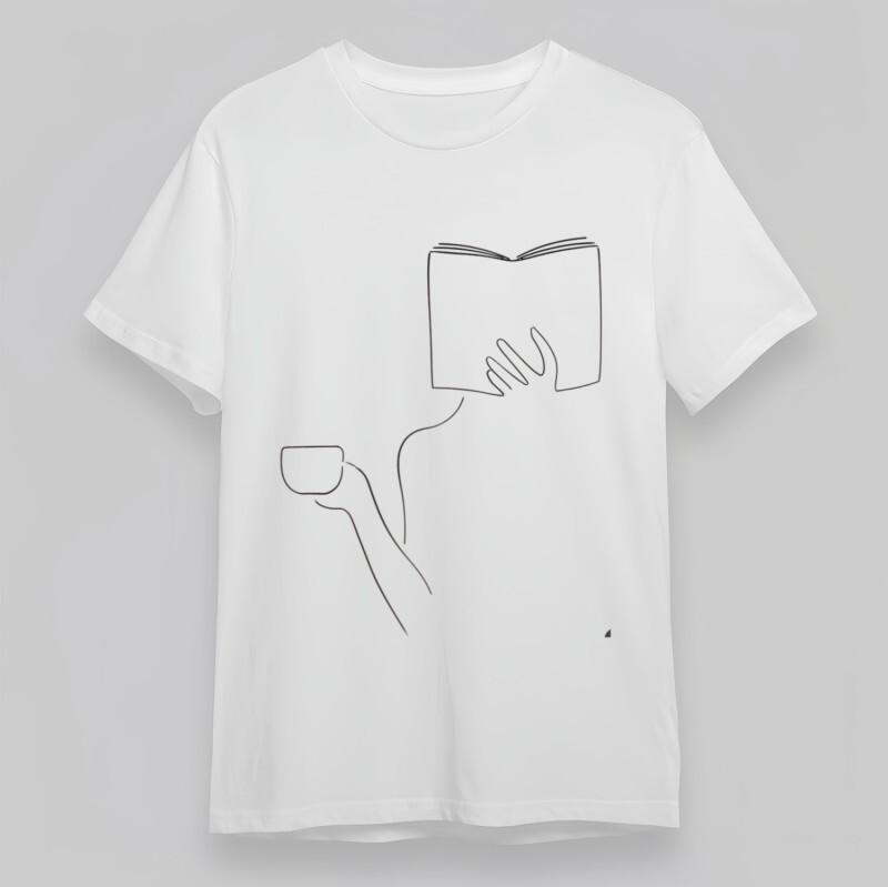 Men's Plus Size Classic T-Shirt Book and Coffee Cup Line Drawing Art Cotton Tee