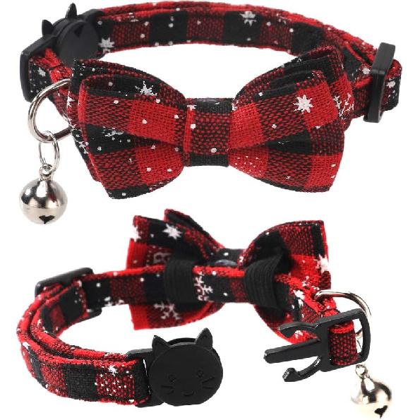 2 Pack/Set Christmas Cat Collar Breakaway with Cute Bow Tie and Bell for Kitty Adjustable Safety Plaid