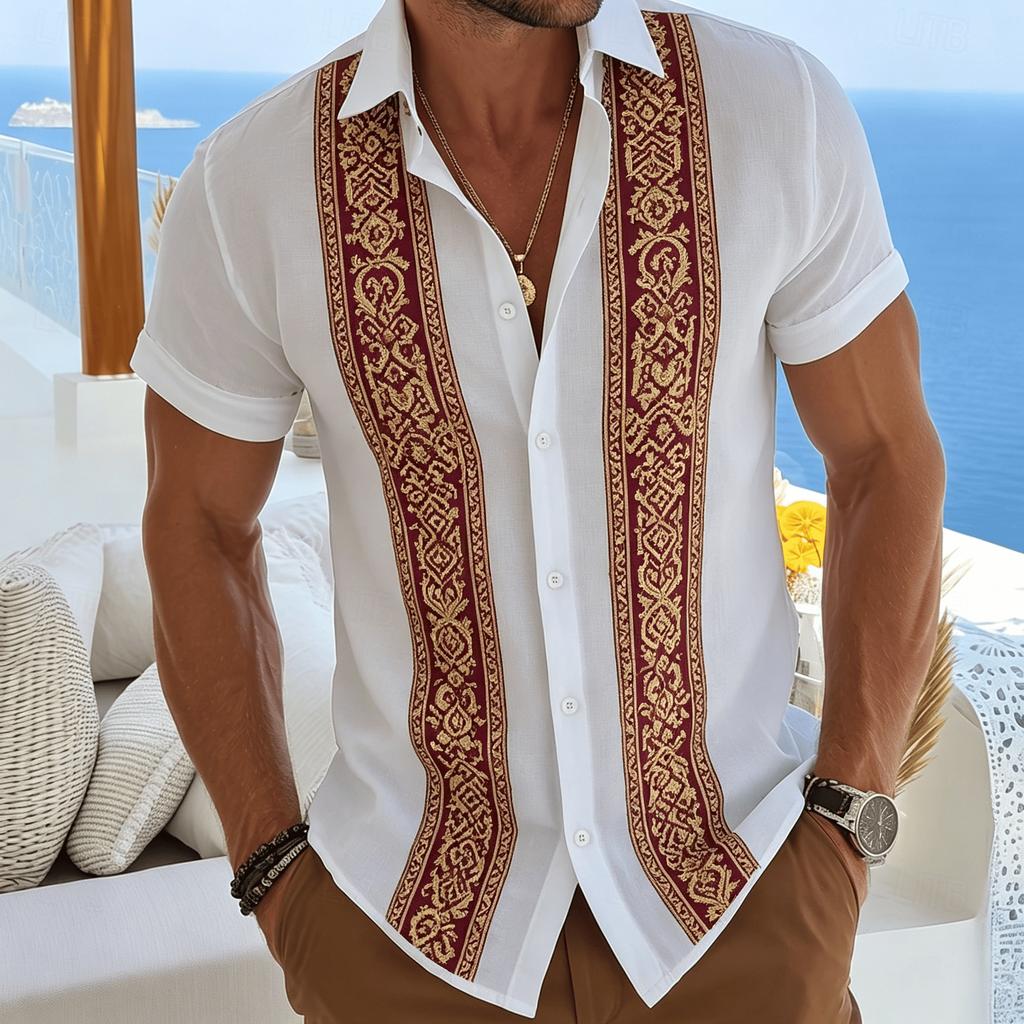 Men's Ethnic Geometric Print  Shirt, White Boho Casual Short Sleeve for Summer