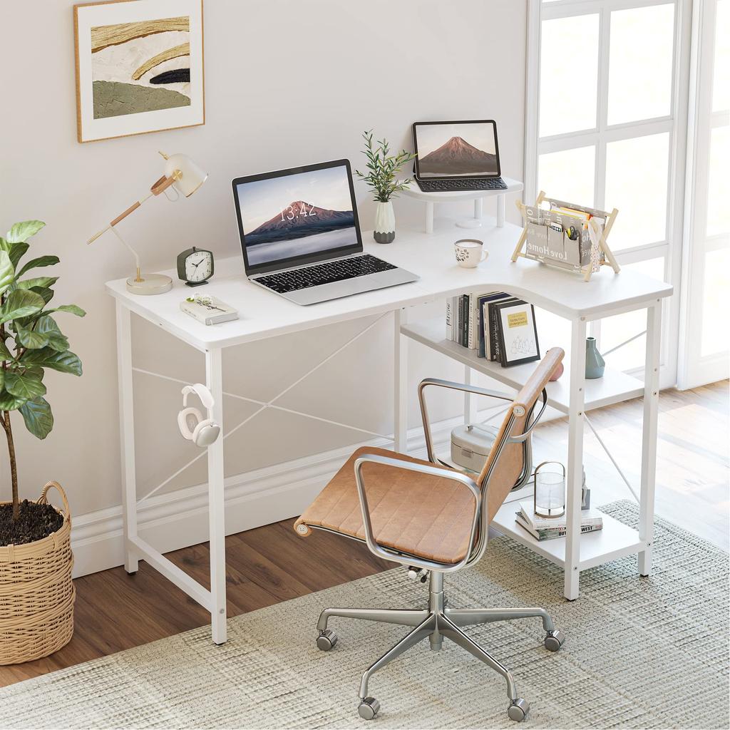 CubiCubi Desk Computer Desk PC Desk Width 110cm Gaming Desk Desk Desk Work Desk Storage Desk with Rack Corner Desk Telework Home Work White Right
