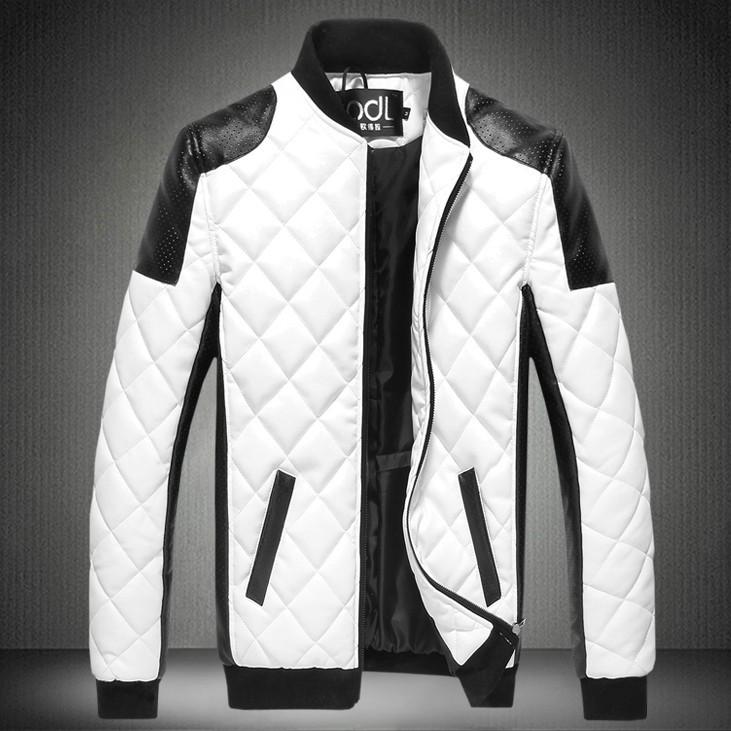 Men's Slim Fit Color Block PU Leather Jacket, 2015 Autumn/Winter Collection, Plus Size, Washed Finish, Stand Collar, British Style.