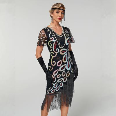 Damen Übergröße 1920er Gatsby Flapper Kleid, Handgefertigtes Perlen Pailletten Pfauenfeder Fransen Abendkleid für Party & Abschlussball