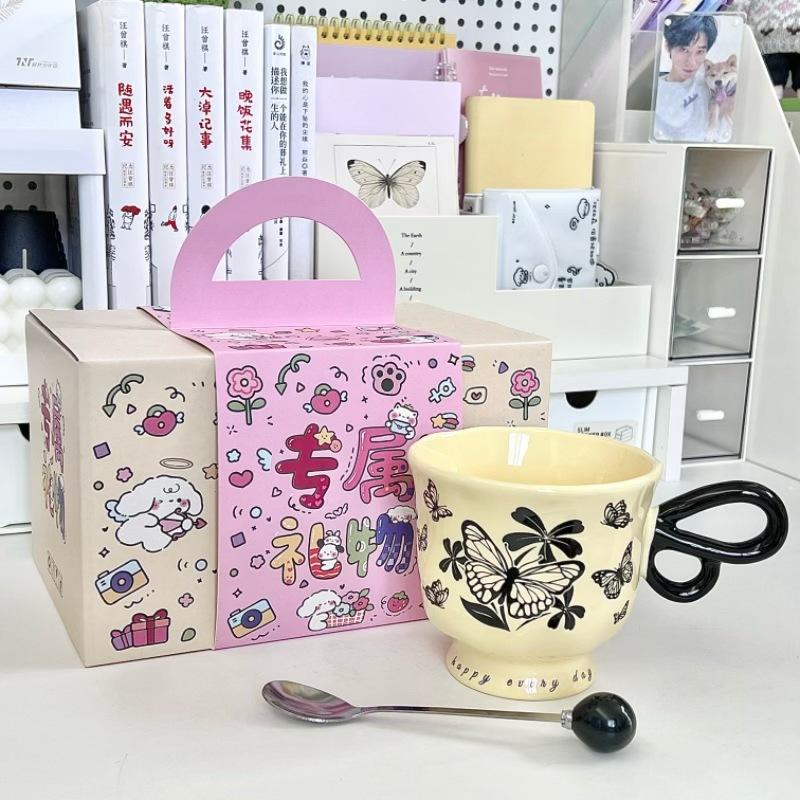 French Retro Butterfly Mug for Girls, High-end Coffee Cup, High-value Ceramic Water Cup, Birthday Gift for Girlfriends