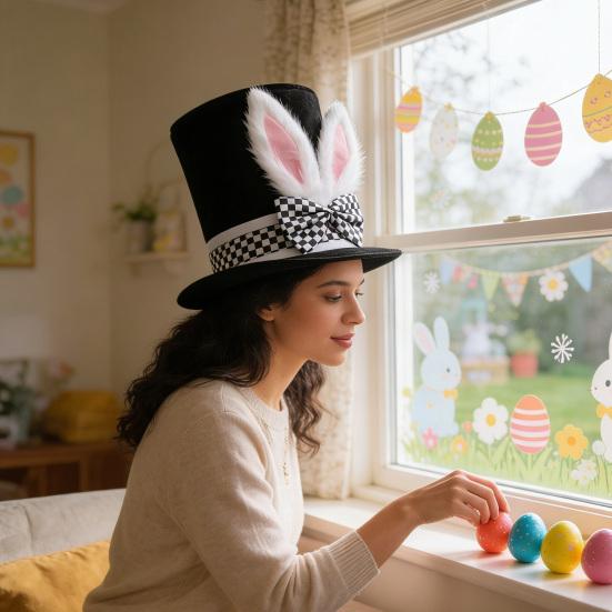 Yousheng Easter Bunny Ear Top Hat for Women Men Adults Furry Rabbit Ear Hat with Checkered Bow for Halloween Party Costume Easter Cosplay Accessory