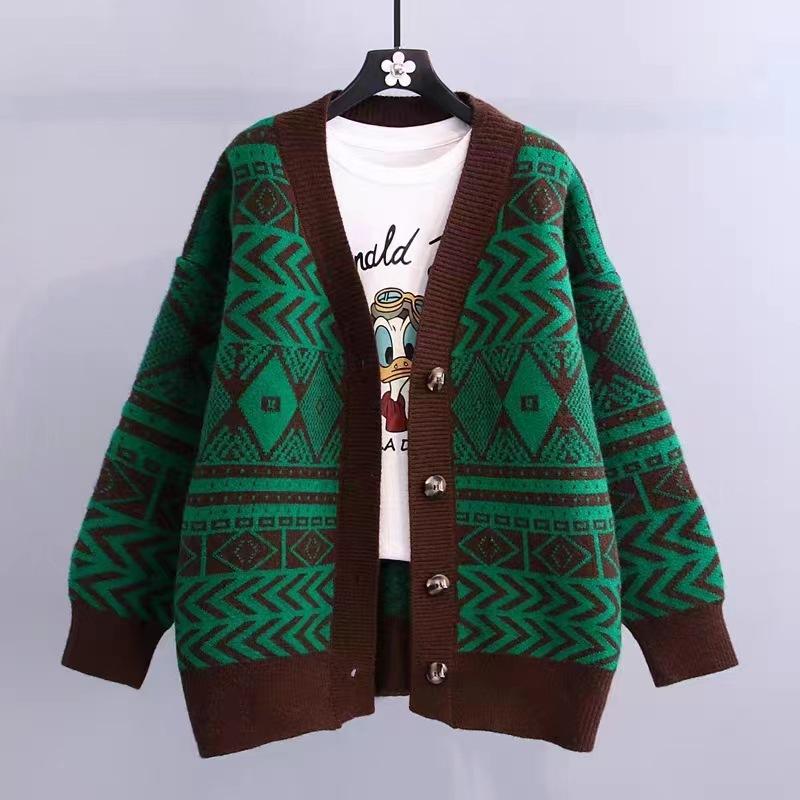 Autumn New Top Knitted Jacket V-neck Sweater Women's Loose Lazy Style Versatile Sweater Cardigan