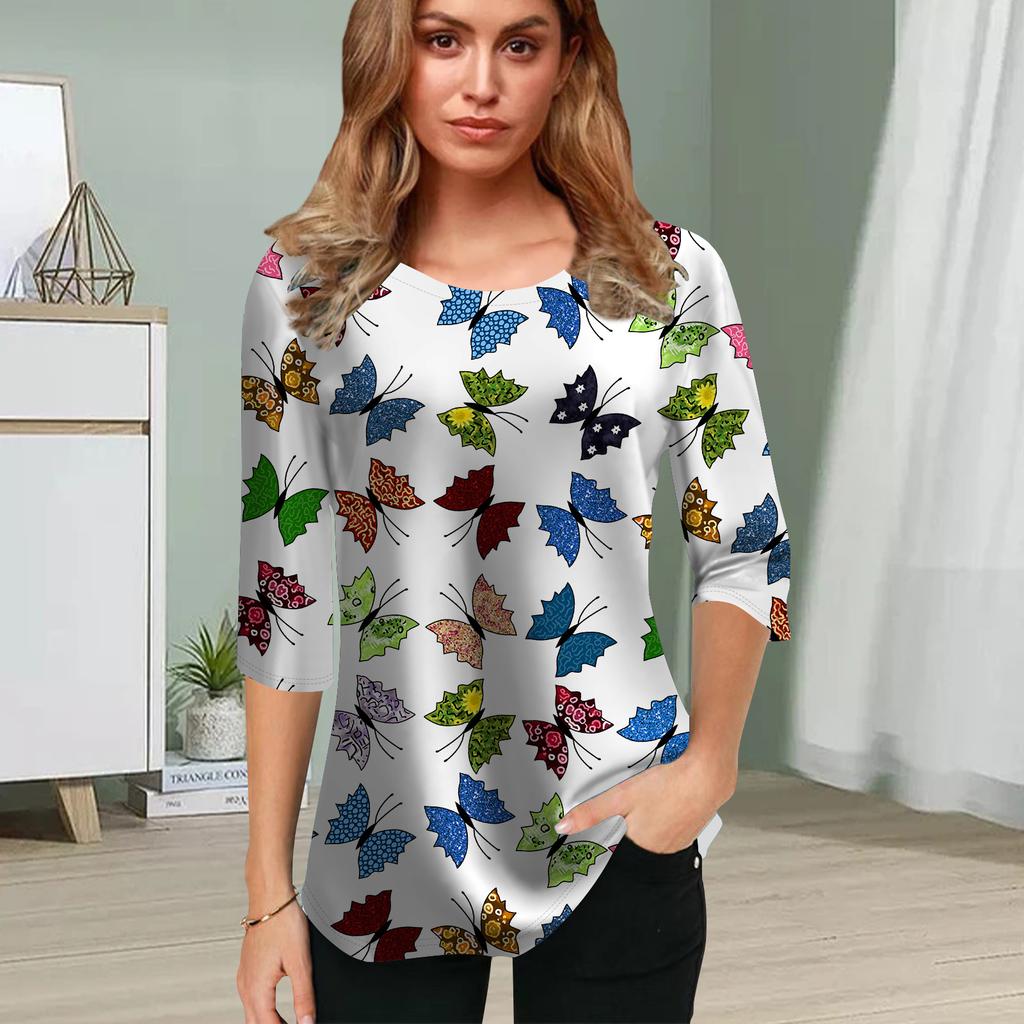 Womens Blouse 3D Long Winged Butterfly Printing Flower Half Sleeve Tops Summer Casual Tops Printed Round Neck Half Sleeve T Shirt