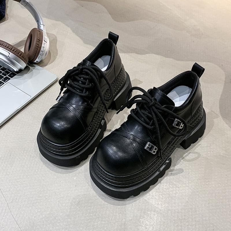 Fashion 8CM Women Leather Platform Sneakers Spring Ladies Wedge Heels Chunky Shoes Pumps Woman Lace-Up Thick Sole Casual Walking Shoes