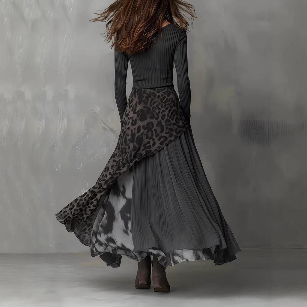 Women's Long Sleeve Knit Top and Asymmetric Skirt Set with Animal Print
