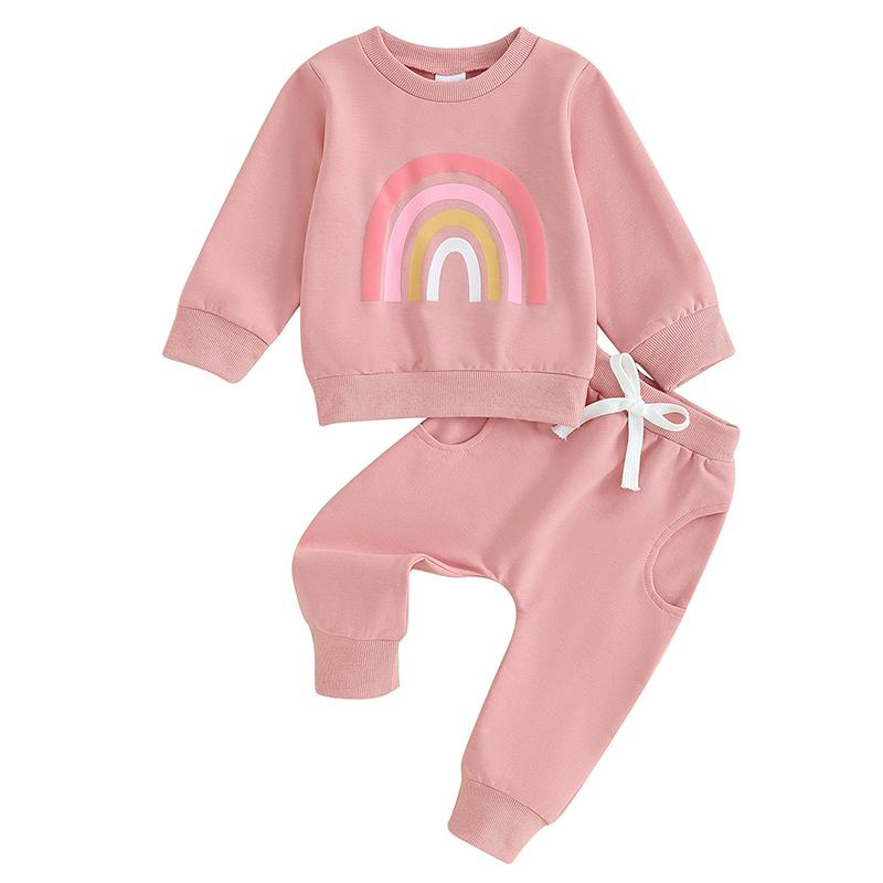 

2PCS Baby Girls Fall Outfits Long Sleeve Rainbow Print Sweatshirt + Pants Set Toddler Clothes 3-6M розовый