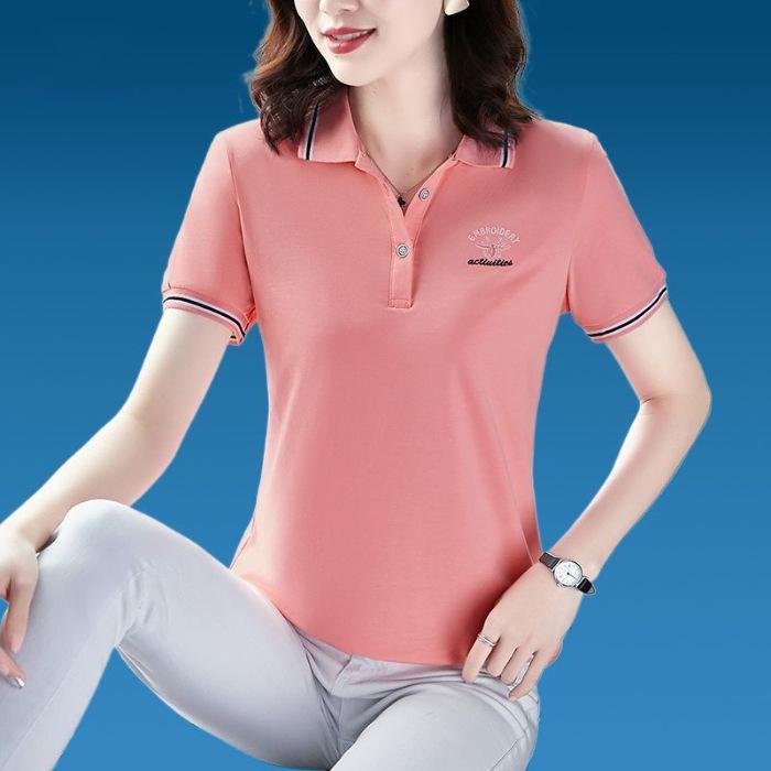 New Summer T-shirt Top for Women Long-sleeved Lapel Polo Button-down Middle-aged and Elderly Mother Casual Ladder Bottom Shirt
