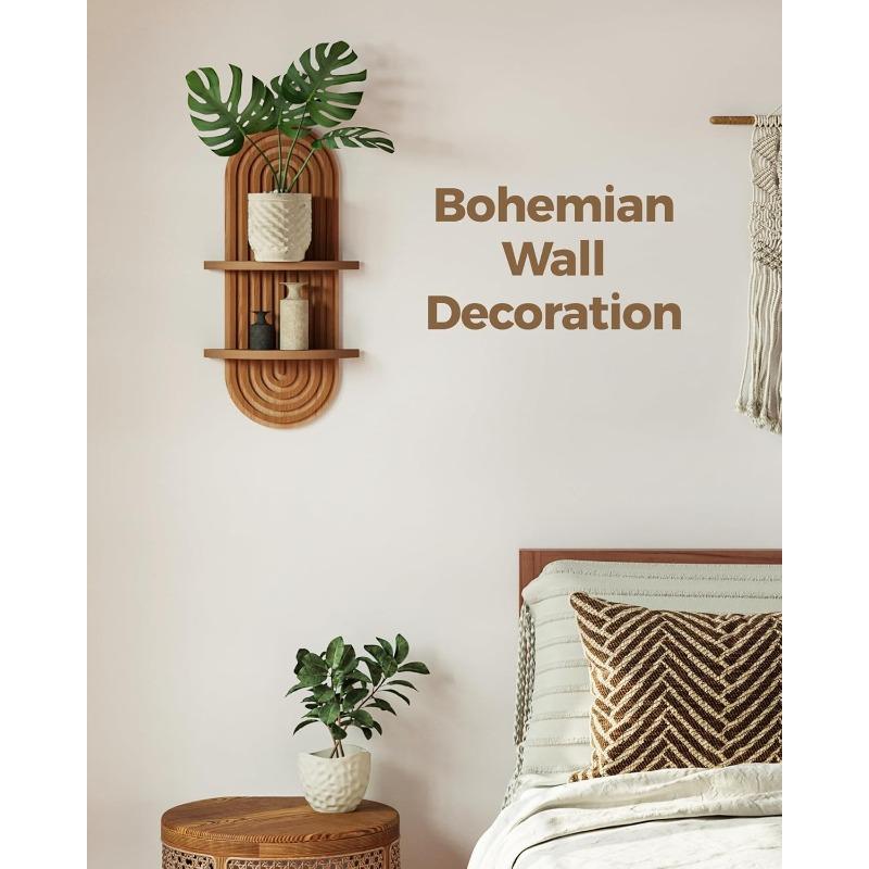 Wall Decor Brown Plant Wall Shelf, Modern Hanging Plant Shelf, 2-Tier Wooden Floating Shelves for Home, Living Room, Office Holding Planter Decoration