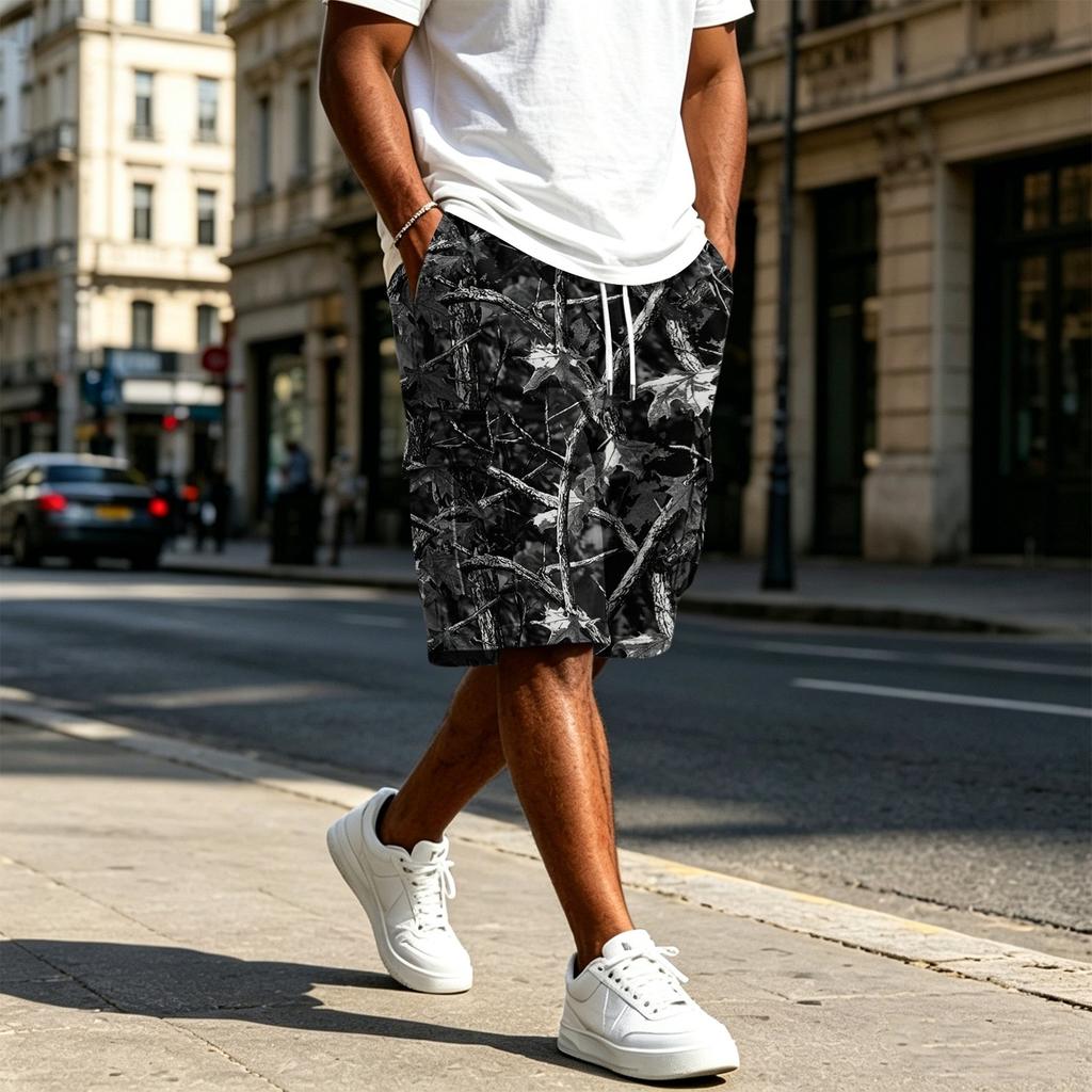 Pantalones Cortos Casuales para Hombre con Estampado de Árboles Camuflados, Cintura con Cordón, Bolsillos, Corte Holgado, Tejido Ligero y Transpirable para Uso Diario