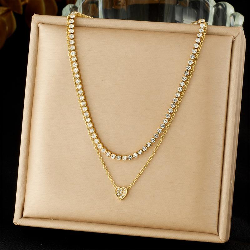 Gold Plated Layered Tennis Chain Heart Cubic Zirconia Necklace