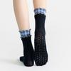1 Pair Yoga Socks with Non-slip Gripper Double Ruffled Plaid Cuff Mid-calf Socks Women Ballet Dance Pilates Cotton Crew Socks