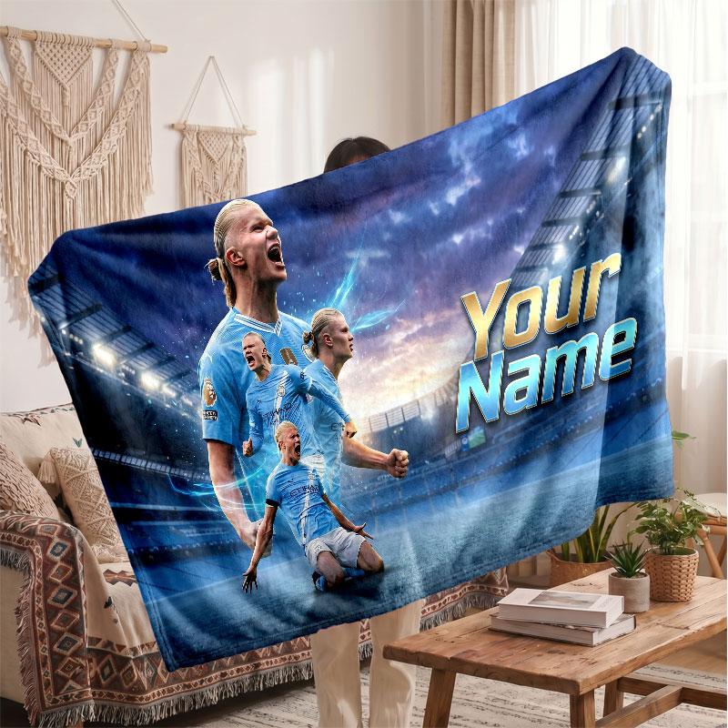 Erling Haaland Personalisierte Fleecedecke Mit Fußballlogo, Individueller Name Text Weich Warm Wohnzimmer Überwurfdecke