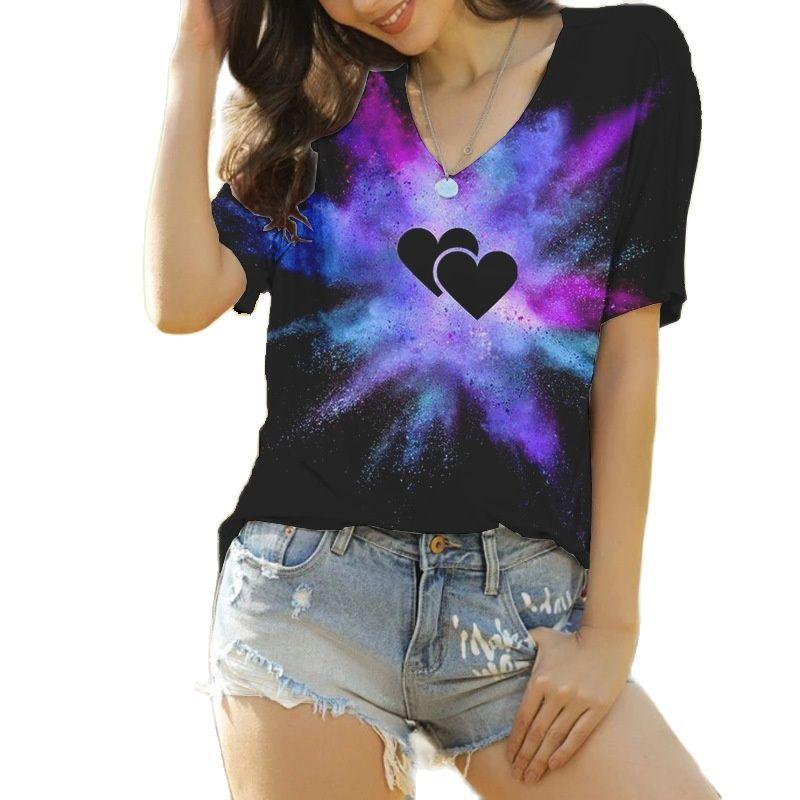 

Women T Shirts Fashion Elegant Valentine s Day Collection New Black 3D Print V-Neck Pullover Ladies Casual Short Sleeve T-Shirts M