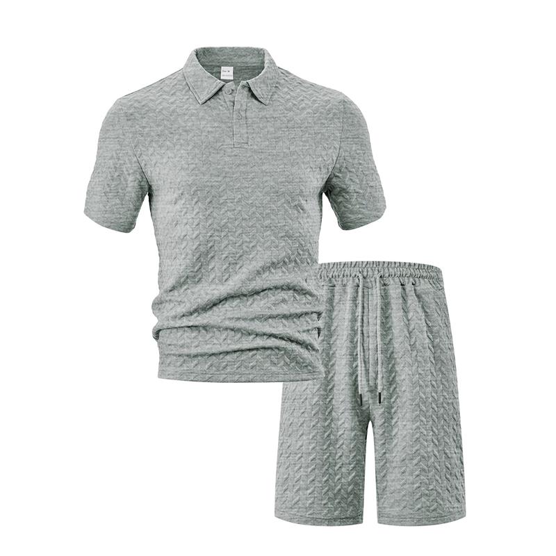 2026 New Men's Summer Casual Loose Fit T-Shirt Shorts Set Lapel Jacquard Thin Short-Sleeved Sports Polo Shirt Set