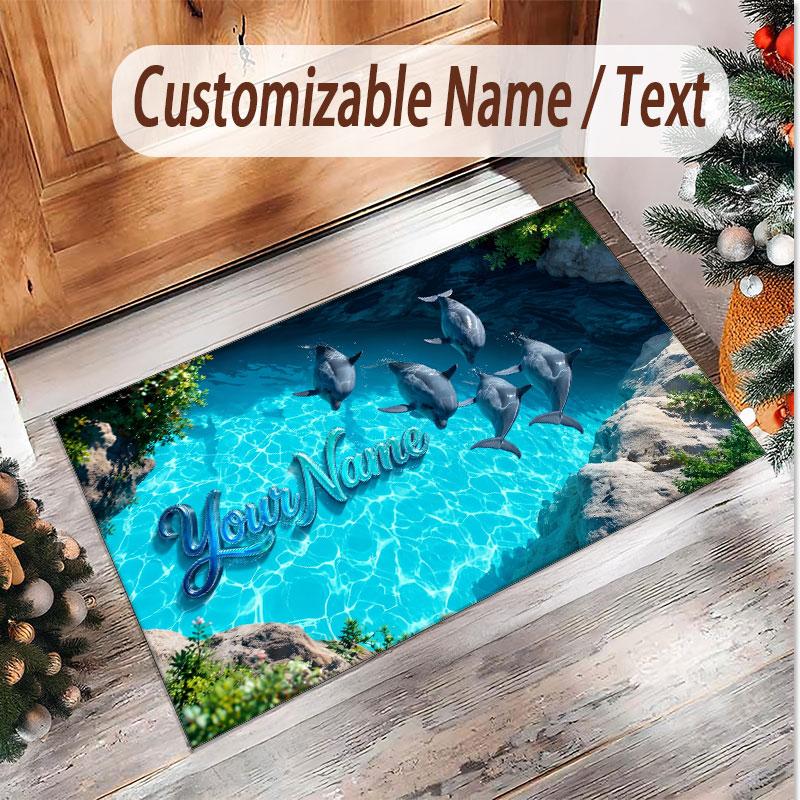 Fish Ocean Theme Soft Crystal Velvet Rug Custom Name & Text Print Non Slip Floor Rug for Bedroom Living Room