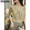 Ice Silk Short Sleeved T-shirt for Women in Summer V-neck Loose Short Sleeved Knitted T-shirt for Women