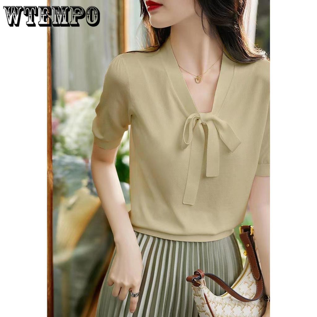 Ice Silk Short Sleeved T-shirt for Women in Summer V-neck Loose Short Sleeved Knitted T-shirt for Women