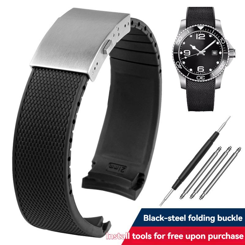 Für Longines HydroConquest L3.781/642/742/782 21mm Blaues Silikon Taucheruhrarmband - Gebogenes Ende Gummiarmband Ersatz