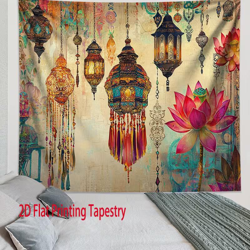 

2D Oriental Boho Tapestry Ornate Lantern and Lotus Wall Hanging Background Cloth for Aesthetic Room Decor 47.2x31.5inch/120*80cm