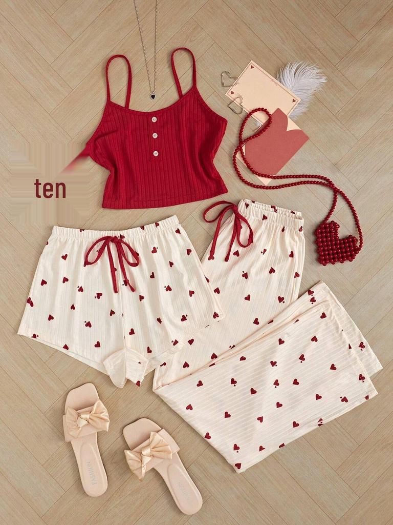 Cross-Border Love Ribbed Camisole Pajama Set - Casual Short & Long Pants for Women