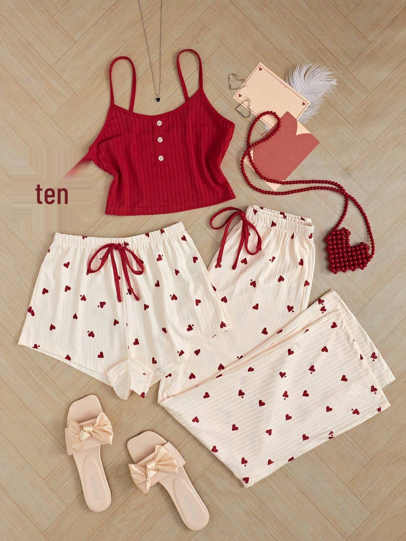 

Комплект пижамы из рубчатой майки и брюк для женщин - Повседневные короткие и длинные брюки для женщин Large красный