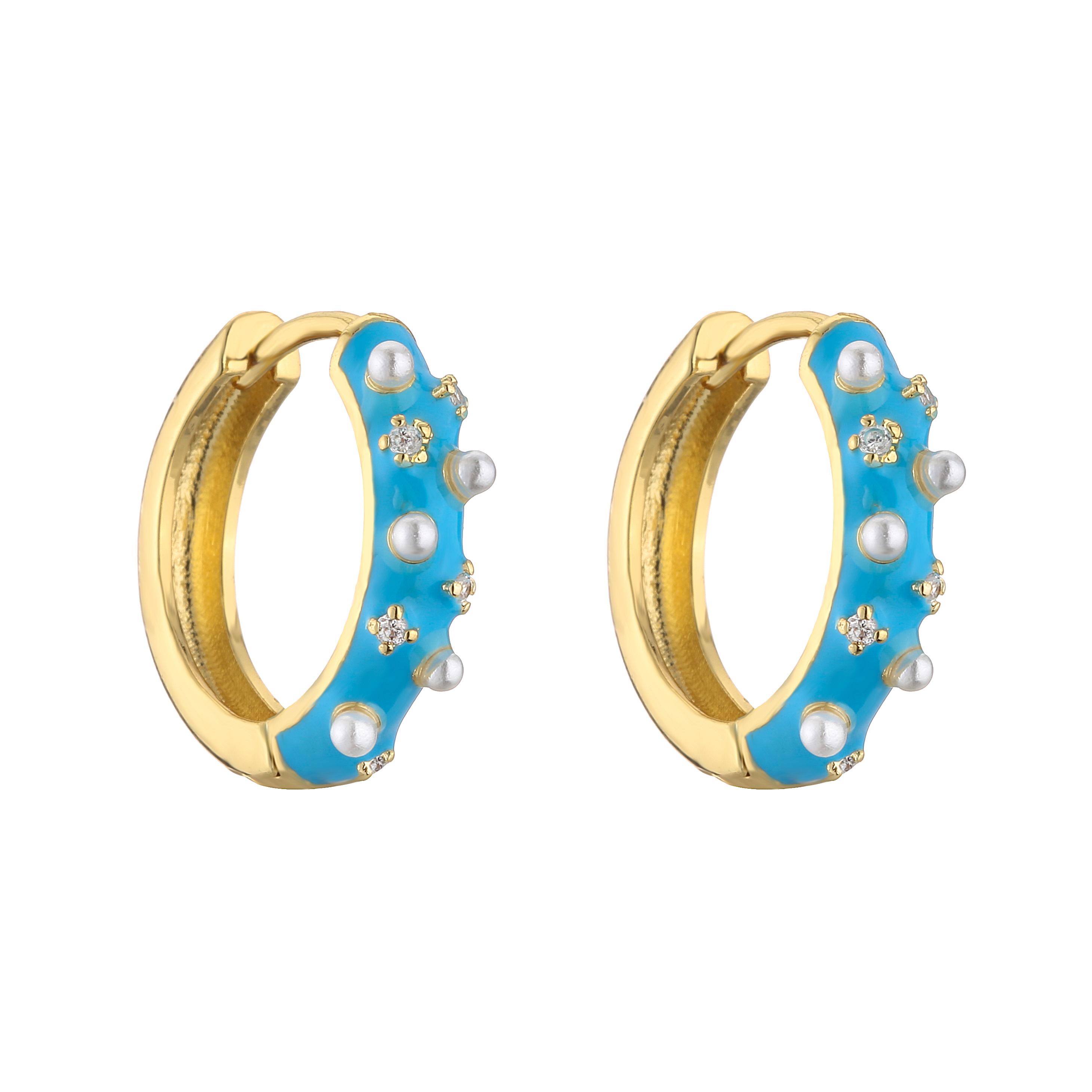 

HECHENG, Fashion Enamel Pearl Earrings for Women CZ Crystal Round Circle Earrings Hollow earrings Zircon Wholesale синий